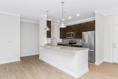 Apartments For Rent in Santa Rosa Beach, FL - The Southern - Kitchen with Shaker Style Cabinetry, Granite Countertops, Tile Backsplash, Stainless Steel Appliances, Pendant Lighting Fixtures, and Wood-Style Flooring.