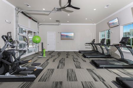 3 Bedroom Apartments in Santa Rosa Beach, FL - The Southern - Fitness Center with Cardio and Strength-Training Equipment, Ceiling Fan, Mounted TVs, and Medicine Ball.